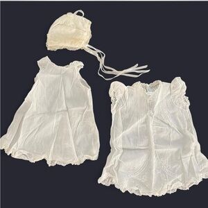 Vintage handmade white christening outfit/ baby dress, underdress, & bonnet set
